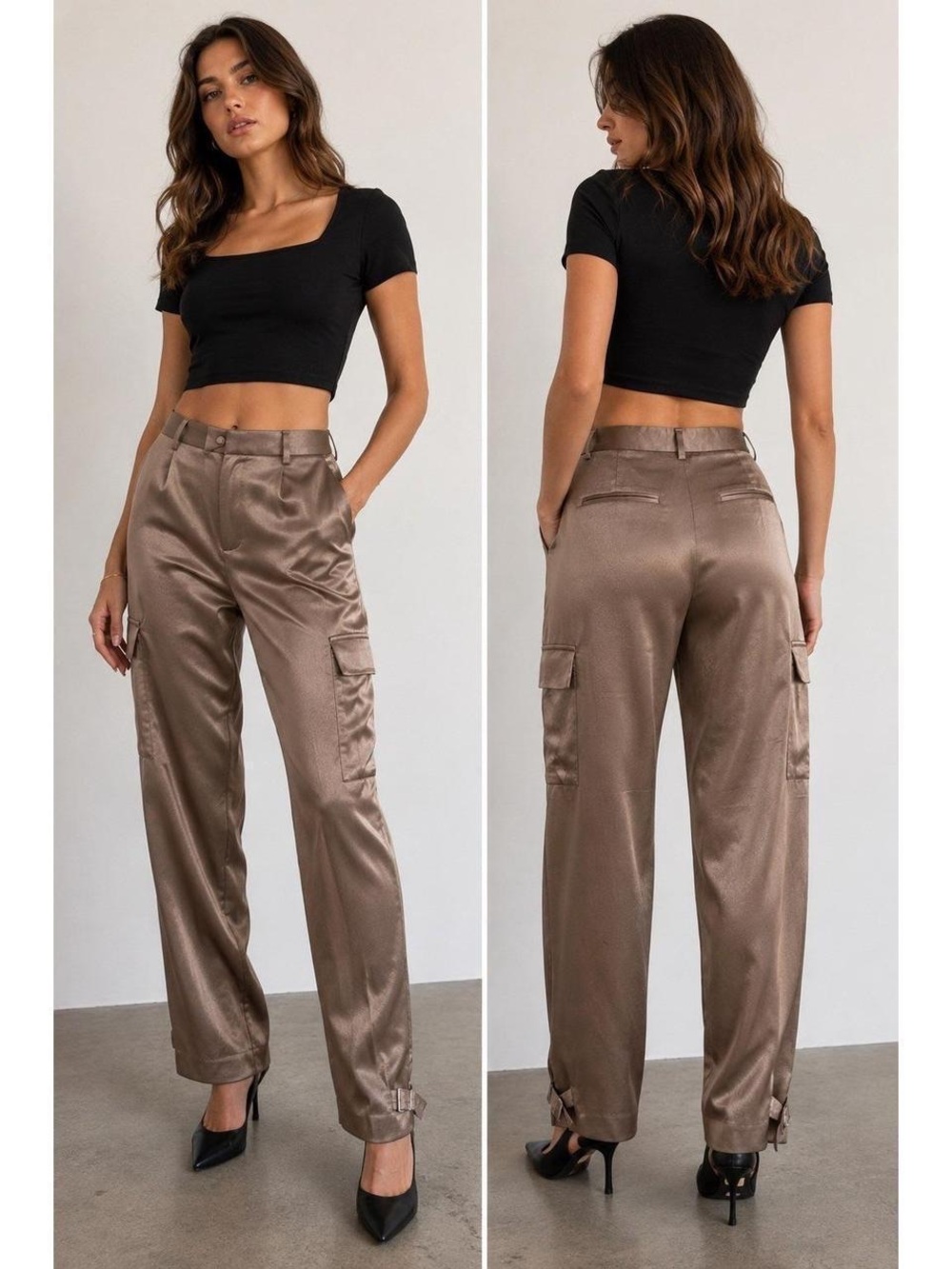 Aritzia Satin Cargo Wide-Leg Pants in Mocha Brown